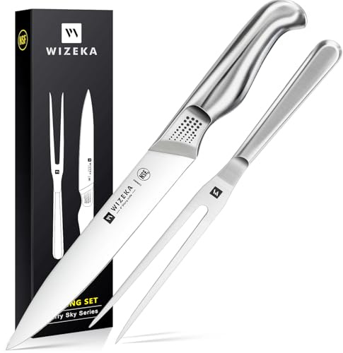 WIZEKA 8-inch Turkey Carving Knife Set 2 PCS,Stainless Steel Carving Knife and Fork Set,Extremely Sharp and Pointed Carving Sets for Meat with Gift Box