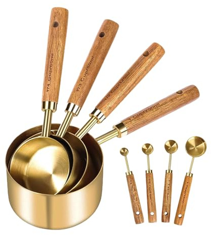 Doiyislem Juego de Cucharas y Tazas Medidoras | Acero Inoxidable Doméstico con Mango de Madera - Conjunto De 8 Piezas Apilables Cuchara De Postre Cucharilla Para Utensilios De