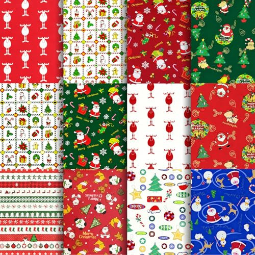 Aucuu 12 st jultjocka fjärdedels tygpaket, 50 x 40 cm jultygpaket, quiltning bomull, bunt quiltning hantverk FA-BRIC, jul F för gör-det-själv-hantverk, sömnad, lapptäcke, heminredning