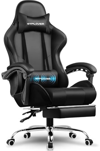 GTPLAYER Gamingstol, kontorsstol, ergonomisk PC-stol, gamingfåtölj med massagestaltad ryggstöd, taskstolar med fotstöd och nackstöd, svart konstläder