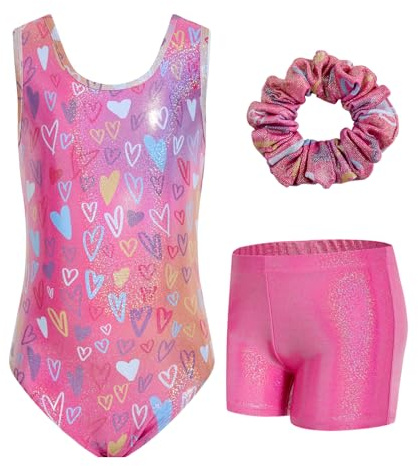 JiAmy - Body da ginnastica per ragazze con pantaloncini, set 3 pezzi, abbigliamento atletico da ginnastica per bambini, senza maniche, body da balletto per danza per bambini 3-12 anni, 6-7 Years
