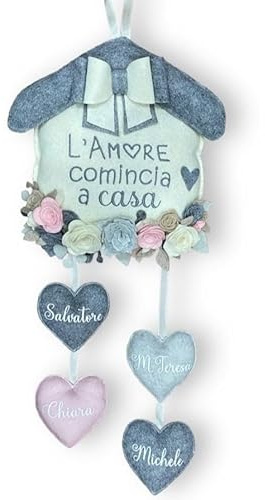 Casetta Fuoriporta Personalizzata - L'Amore Comincia a Casa - toni del grigio, panna, celeste e rosa - Decorata con Cuori e Rose in feltro e pannolenci - Handmade - Made in Italy - Pri Frog