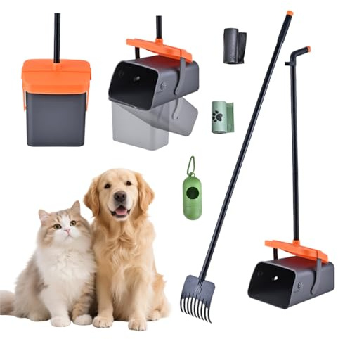 Ramasse Crotte Chien Longue Poignée, Kit Pelle et Râteau avec Seau Rotatif | Accessoire Hygiène Jardin pour Déjections, Sac à Déchets Inclus, Facile à Nettoyer, Gris et Orange