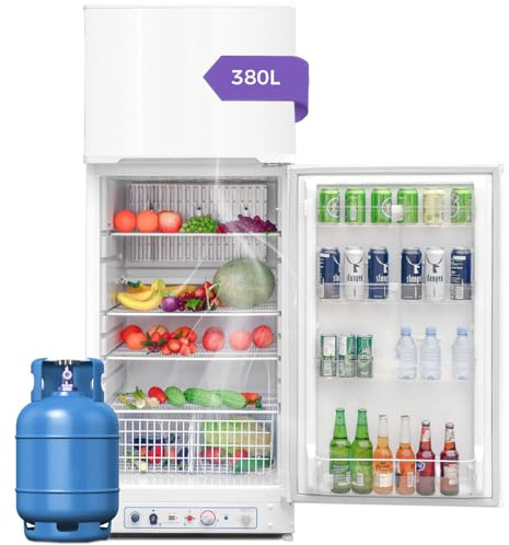 Smad Frigo a Gas, 380L(287+93), Frigorifero a Gas/220V con Congelatore, Frigorifero da Campeggio a Gas, Silenzioso per Casa Vacanze, Garage, Campeggio, Casa Mobile, Bianco