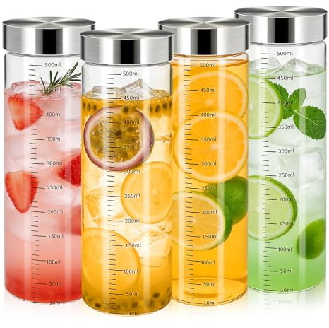 Alitree 4 Bottiglie di Vetro da 500 ml con Coperchio in Acciaio Inox, Senza BPA, Riutilizzabili ed Ermetiche Anti-Perdita per Succhi, Frullati e Caffè, con Misurazione Facile da Pulire