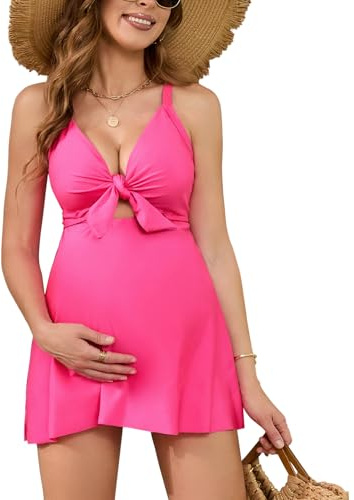 DEBELLY Maternity Tankini Two Piece with Adjustable Self Tie Bow Front Spaghetti Strap Rear Cross Stylish Pregnancy Swimwear for Babymoon Photoshooting,Hot Pink,XL