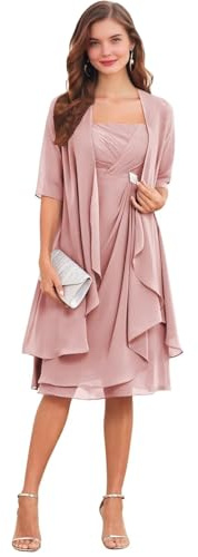 Lot de 2 robes de mère de la mariée en mousseline de soie plissée à manches mi-longues Longueur genou Robe de soirée formelle avec veste, vieux rose, 38