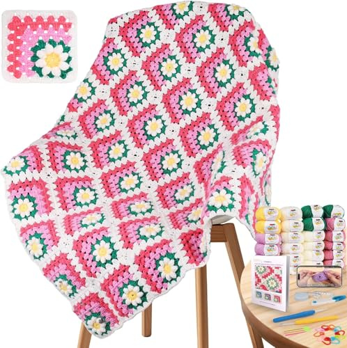 Coopay Kit all'uncinetto, coperta all'uncinetto, kit tutto in uno per principianti e adulti, con filato e video passo-passo, per imparare a lavorare all'uncinetto coperte quadrate con fiori 3D, rosa
