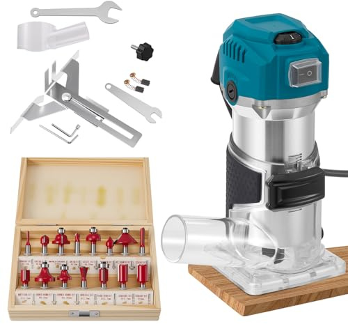 Fresadora para madera de 800 W fresadora de mano eléctrica con 15 piezas de metal duro de 6,0 + 6,35 mm, pinza de sujeción de 30.000 rpm con conector de extracción de polvo, 6 velocidades variables