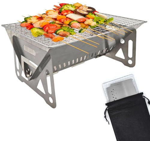 Mini Portable Charcoal Grill, Small Tabletop BBQ Grill with Folding Legs, Stainless Steel Camping Stove for Outdoor Patio, Picnic & Backpacking