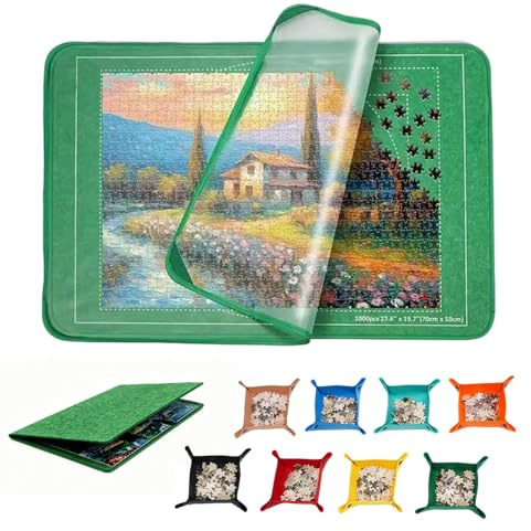 Jonuin Puzzlematte für 1000 Teile, 32x22 Zoll, Faltbare Puzzlebrett mit Bedrucktem Rand, 8 Farb-Sortierschalen & Staubschutzabdeckung, rutschfeste Puzzle Matte für zu Hause & unterwegs (Grün)
