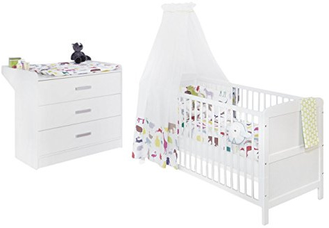 Pinolino Sparset Viktoria breit, 2-teilig, Kinderbett (140 x 70 cm) und breite Wickelkommode mit Wickelansatz, weiß (Art.-Nr. 09 00 22 B)