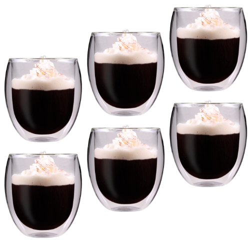 Feelino - Bicchieri termici a doppia parete “Jumbo”, da 400 ml, effetto ondulato, per mantenere a lungo il caldo o il freddo, per cappuccino e latte macchiato, Vetro, 3.Set - 6x 400ml