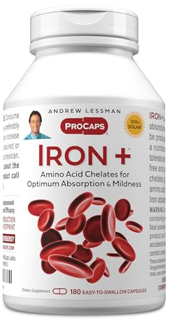ANDREW LESSMAN Iron Plus 180 Capsules - 18mg Iron, 100% Pure Amino Acid Chelated Iron (Glycinate, Aspartate), Plus Vitamin C for Increased Absorption, Small, Easy to Swallow Capsules, No Additives
