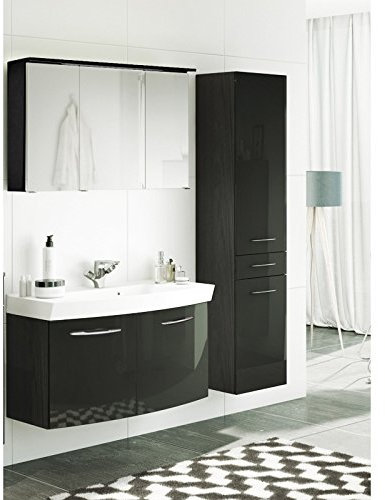 Lomadox Badezimmermöbel Waschplatz Set in Hochglanz grau mit 100cm Waschtisch mit 2 Türen, LED Spiegelschrank und Hochschrank