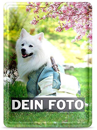 Blech-Schild mit Foto und Text selbst gestalten/Personalisierbar mit eigenem Bild als Metall-Poster / A6 (10x15cm) im Hochformat/Weiss