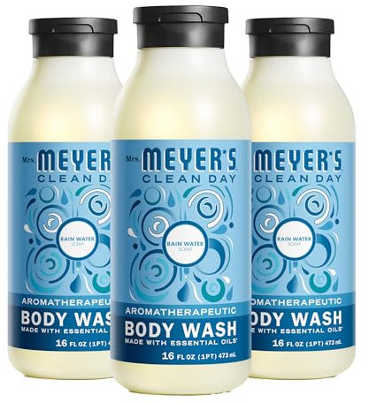 MRS. MEYER'S CLEAN DAY Moisturizing Body Wash for Women and Men, Biodegradable Shower Gel Formula Made with Essential Oils, Rain Water, 16 oz Bottle, Pack of 3