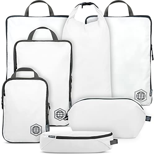 Extra große Kompressions-Verpackungswürfel für Reisen, extra Verpackungswürfel, Gepäck-Organizer, 7-teiliges Set, ultraleicht, erweiterbar/Kompressionstaschen, Kleidung (weiß/grau) | Erweiterbare Kompressionsbeutel für organisierte Aufbewahrung in aufgegebenem Gepäck und Koffern