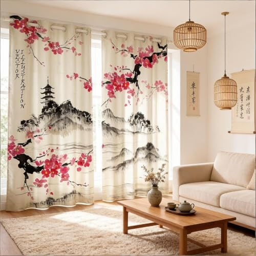 Loussiesd Tende per Finestre con Fiori di Ciliegio per Camera da Letto Soggiorno Tende Montagna Fuji Giapponese per Bambini Ragazzi Ragazze Tende per Finestre Stile Giapponese Acquerello Vintage