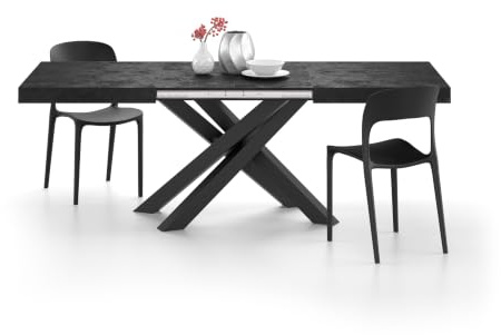 MOBILI FIVER, Ausziehbarer Esstisch Emma 140(220) x90 cm, Schwarzer Beton mit Schwarzen gekreuzten Beinen, Made In Italy