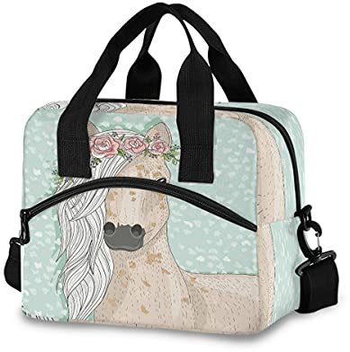 Mnsruu Bolsa de almuerzo isotérmica con diseño de caballo y flores para niños, gran capacidad, organizador para niños y niñas, multicolor
