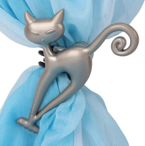 2PCS Magnetic Curtain Rope Tiebacks, Adjustable 15.7in Metal Curtain Holdbacks No Drill, Cat Shaped Curtain Holders for Drapes Living Room Bedroom Home Decor