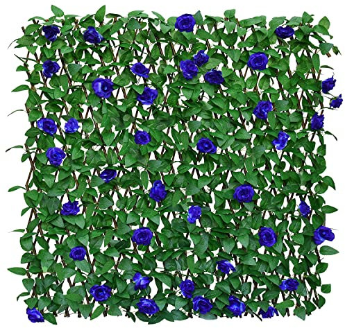 Sumery Expandable Fence Privacy Screen for Balcony Patio Outdoor,Decorative Faux Ivy Fencing Panel,Artificial Hedges (Single Sided Leaves) (1, Blue Flowers)