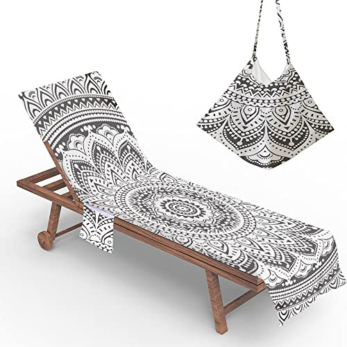 Morbuy Beach Towel with Pockets, Beach Chair Cover Towel, Classic Mandala Totem Print Microfiber Portable Holiday Sun Lounger Towel for Swimming Pool SPA Travel (73x210cm,Grey)