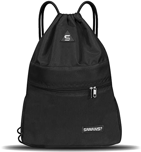 Drawstring Gym Sport Bag String Waterproof Pocket Zipper Sack Backpack for Women Men Travel Kit Bag for Hiking School Students PE Bag Outside Swimming Adult Beach Holidays (Black)