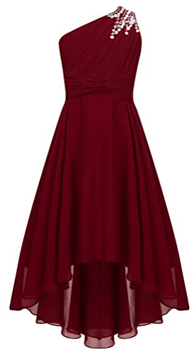 Aislor Enfant Fille Robe de Princesse Cocktail Une Épaule Strass Robes de Cérémonie Fete Carnaval Fille Robe de Demoiselle d'honneur Chic Rouge 11-12 Ans