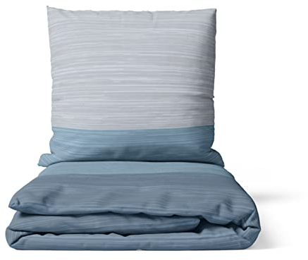 LARAWELL Bettwäsche 135x200 Baumwolle Ganzjahres Bettwäsche-Sets blau grau gestreift Premium