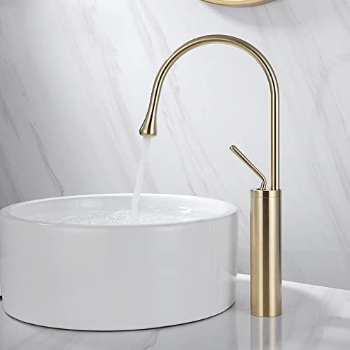 Messing gebürsteter Tropfen-Stil Waschtischarmatur Badarmaturen heiß kalt Mischbatterie 360 drehbare Wasserfallarmaturen, gebürstetes Gold hoch