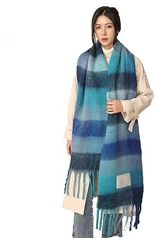 Wambere Damen Schal, Kariert übergroßer Winter SchaltuchKaro Schultertuch Plaid Deckenschal Modeschal Weich Warm Strickschal Oversized Herbstschal Warme Winter Stola mehrfarbig,Blau