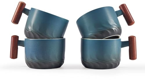 CLASGLAZ 2.5oz Ceramic Espresso Cups with Wooden Handle, Small Coffee Cups Double Shot Espresso Cups Set of 4