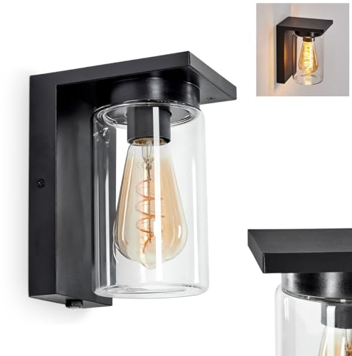 Außenwandleuchte Foley, moderne Wandlampe mit Dämmerungssensor aus Metall/Glas in Schwarz/Klar, Wandleuchte mit An-/Ausschalter, Außenleuchte für Eingangsbereich, 1 x E27, ohne Leuchtmittel, IP44