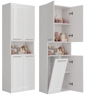 VBChome Hochschrank 60 x 30 x 174 cm Weiß Glanz Standschrank 4 Türen 5 Fächer 1 Badezimmerkorb Wäschekorb Badschrank Badmöbel Standschrank Badezimmerschrank Badregal Weiß Glanz mit 1 offenem Fach