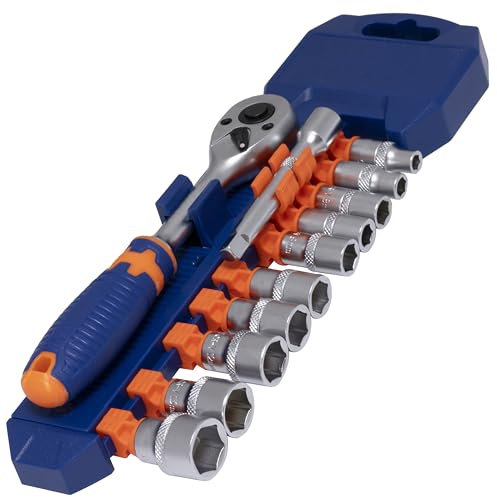 Aerzetix - Kit di 12 Pezzi 1/4'' - 10 Bussole a 6 Lati 5-14mm, Chiave a Cricchetto 157mm, Prolunga 75mm - in Acciaio