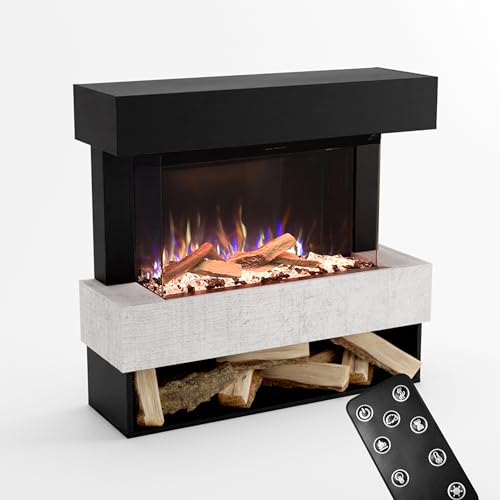GLOW FIRE Kaminofen PR5 mit realistischem 3D E-Motion LED-Feuer - Stand-Elektrokamin mit Heizung, Kaminfeuer & Timer, max. 1500 W, 111x103,8x35, Schwarz (Beton)