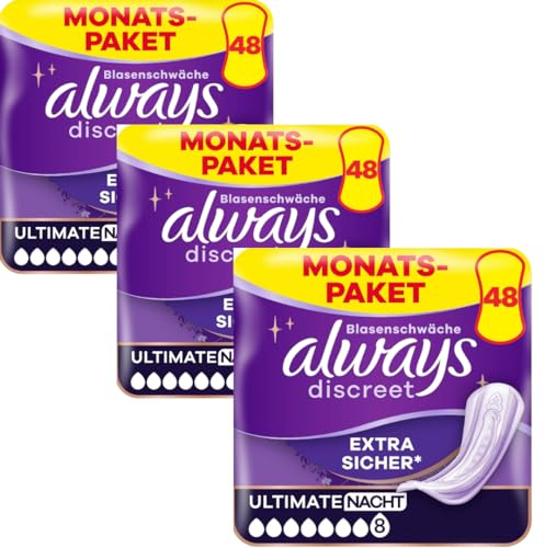 Discreet Ultimate Nacht Inkontinenzeinlagen für Frauen Monatspaket 4 X 12 STÜCK x 3 Packungen