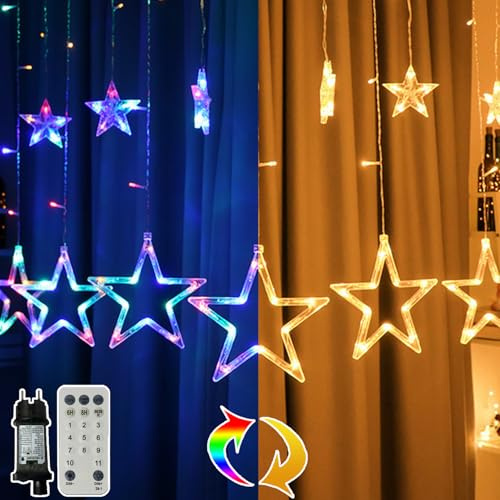 MOLVCE Led Lichterkette Sterne Außen Strom 2.3m 138 Led Farbwechsel | 12 Sterne Lichtervorhang Weihnachtsbeleuchtung Fenster mit 11 Modi Timer Fernbedienung für Außen Innen Balkon