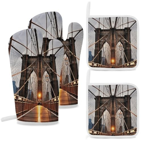 Ofenhandschuhe und Topflappen, 4-teiliges Set, Ofenhandschuh zum Kochen, Foto von Brooklyn Bridge, Ofenhandschuh, hitzebeständige Küchenhandschuhe und heiße Pads, rutschfeste Kochhandschuhe zum