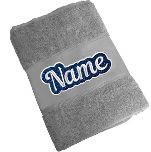 Elefantasie Besticktes Handtuch Badehandtuch aus 100% Baumwolle mit Glitzer und Name personalisiert Bestickt Grau 50x100cm