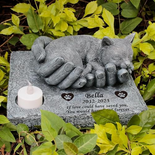 Personalisierte Katzen Gedenksteine, lasergravierte schlafende Katze Statue, Wasserdicht Katze Grabstein, Katzen Gartensteine, Katze Grab Markierungen,Haustier-Grabstein Kitty, Katzen-Andenken