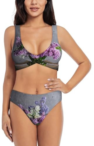 Costume da bagno da donna con stampa di fiori lilla, bikini a vita alta, due pezzi costumi da bagno sportivi, Nero , XXL