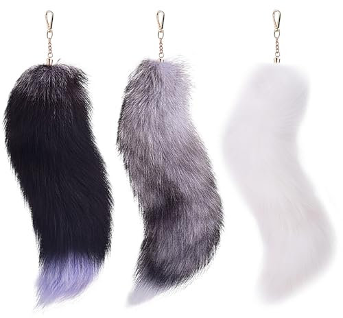 3pcs Fuchsschwanzschlüsselkette, Therian Fox Tail, 15,8 Zoll langes Plüschfuchsschwanz mit Verschluss, flauschiger Fuchsschwanzschlüsselkette, hängende Fuchsschwänze für Handtaschen -Rucksack