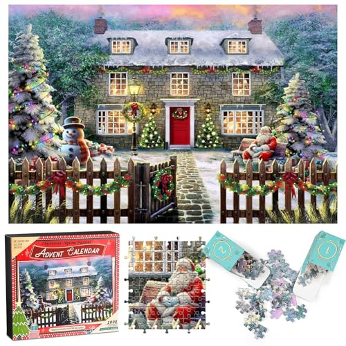Christmas Advent Calendar Jigsaw 2024,1008 Pieces Christmas Family Holida Puzzle, Christmas Cottage Jigsaw Countdown Calendar, 24 Days Christmas Puzzles Gifts for Adults Kids Home Decoration