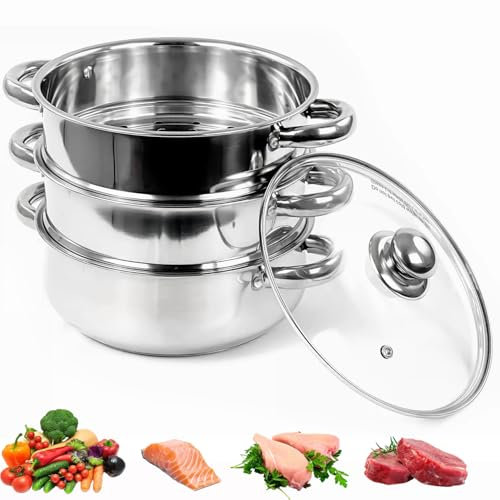 25cm 3-Tier Stainless Steel Food Steamer Pot Set, Ideal for Steaming Vegetables, Idli, Dumplings, Momo, Dhokla, Induction Hob Compatible with Cool Handles & Vented Glass Lids – Healthy Cooking
