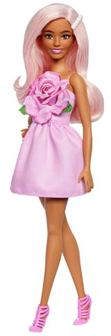 Barbie Fashionistas Doll #238 with Pastel Pink Hair Wearing Strapless Dress with Rose Bodice, Pearly Barrette Accessory and Strappy Pink Heels, HYT94