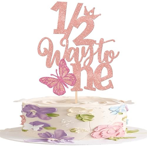 Xsstarmi Butterfly Half Way to One Cake Topper - Baby Girl Happy 6 Months Birthday Party Decorations Pick - Rose Gold