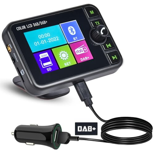 Fuluku DAB Adapter für Autoradio 2,4'' LCD Tragbares DAB+ Autoradio Adapter mit FM Audio Transmitter/Bluetooth Freisprecheinrichtung/Bluetooth Musik/AUX In&Out/Unterstützung TF Karte